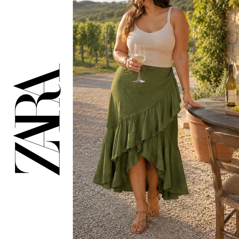 Zara, Olive Green Linen Blend Ruffle Hi Low Asymmetrical Maxi Skirt Size XL